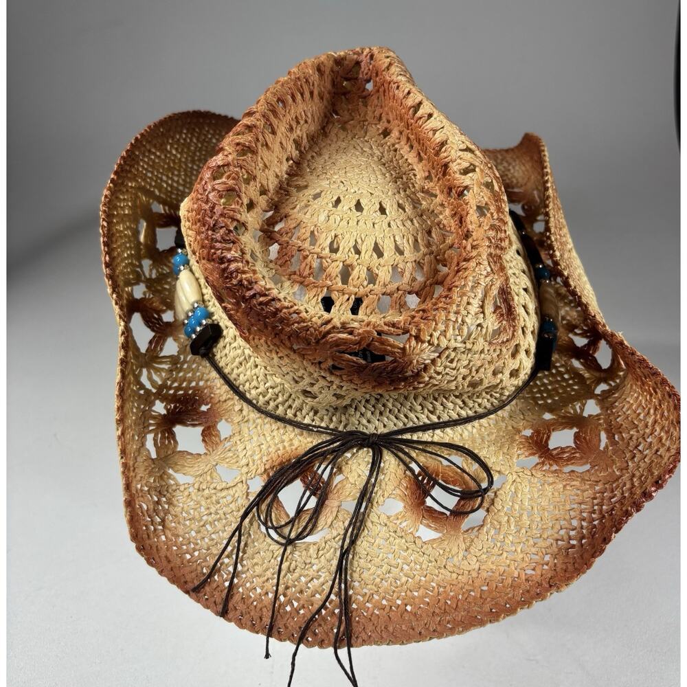 Fluffy Sense Straw Cowboy Hat Women Western Boho Turquoise Beaded Festival NWT - Picture 4 of 10